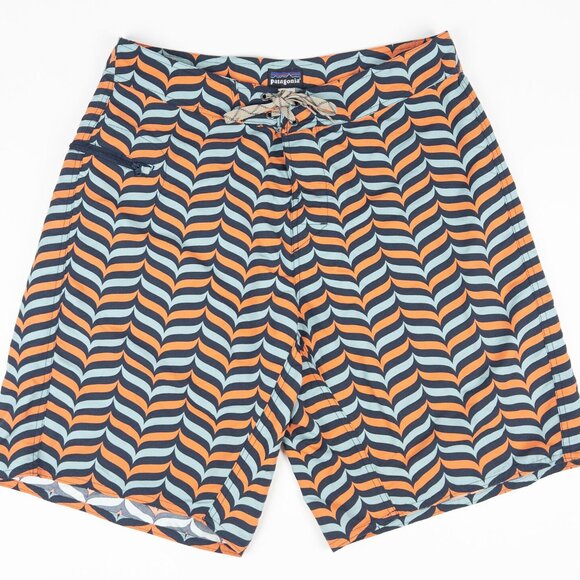Patagonia Wavefarer Board Shorts Men's 34 Orange Blue Wavy Print Unlined Beach - Picture 1 of 11